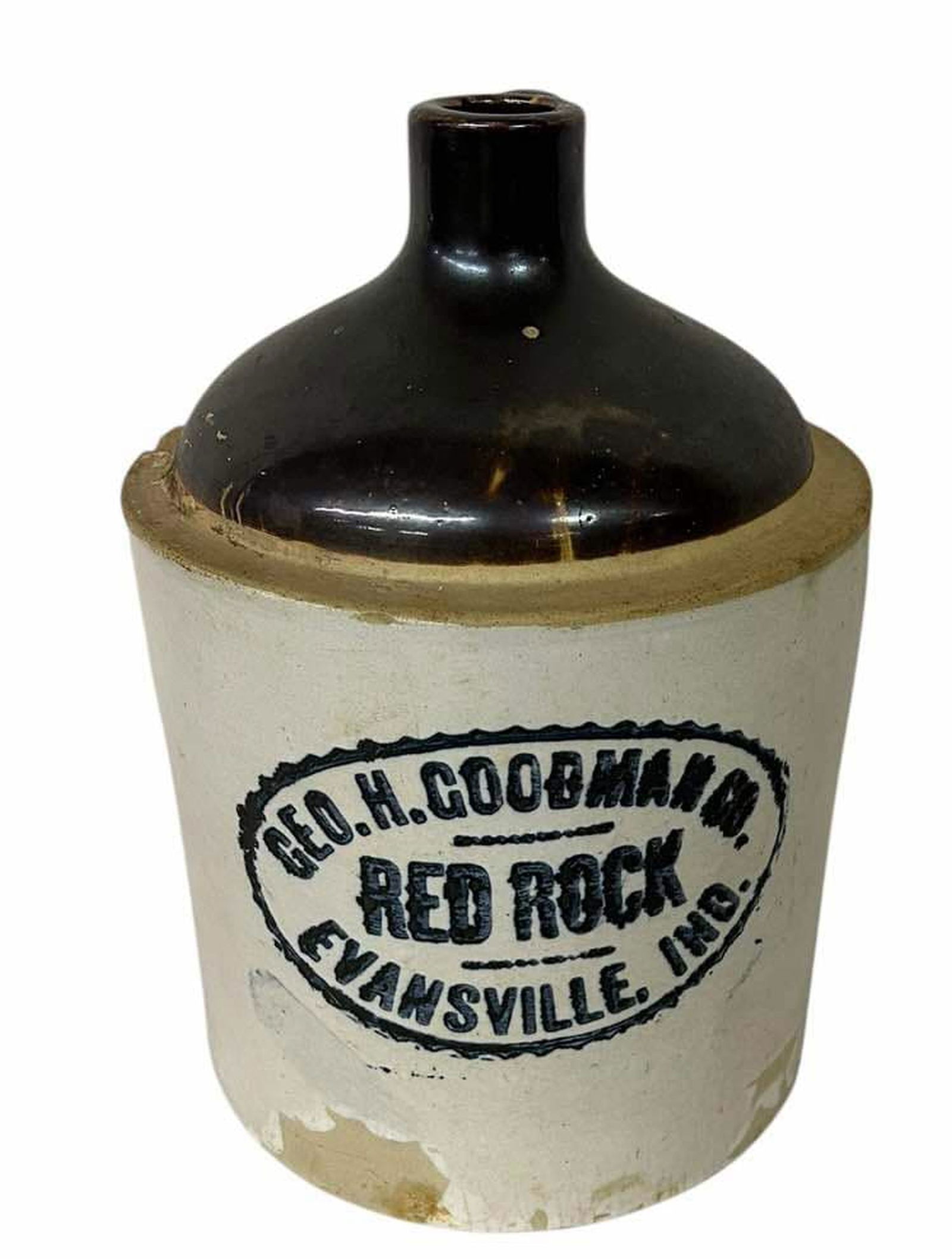 Early Geo H Goodman And Co. Red Rock Evansville, Ind. Advertising Stoneware Crock Jug 7"X11" (1 of 4)
