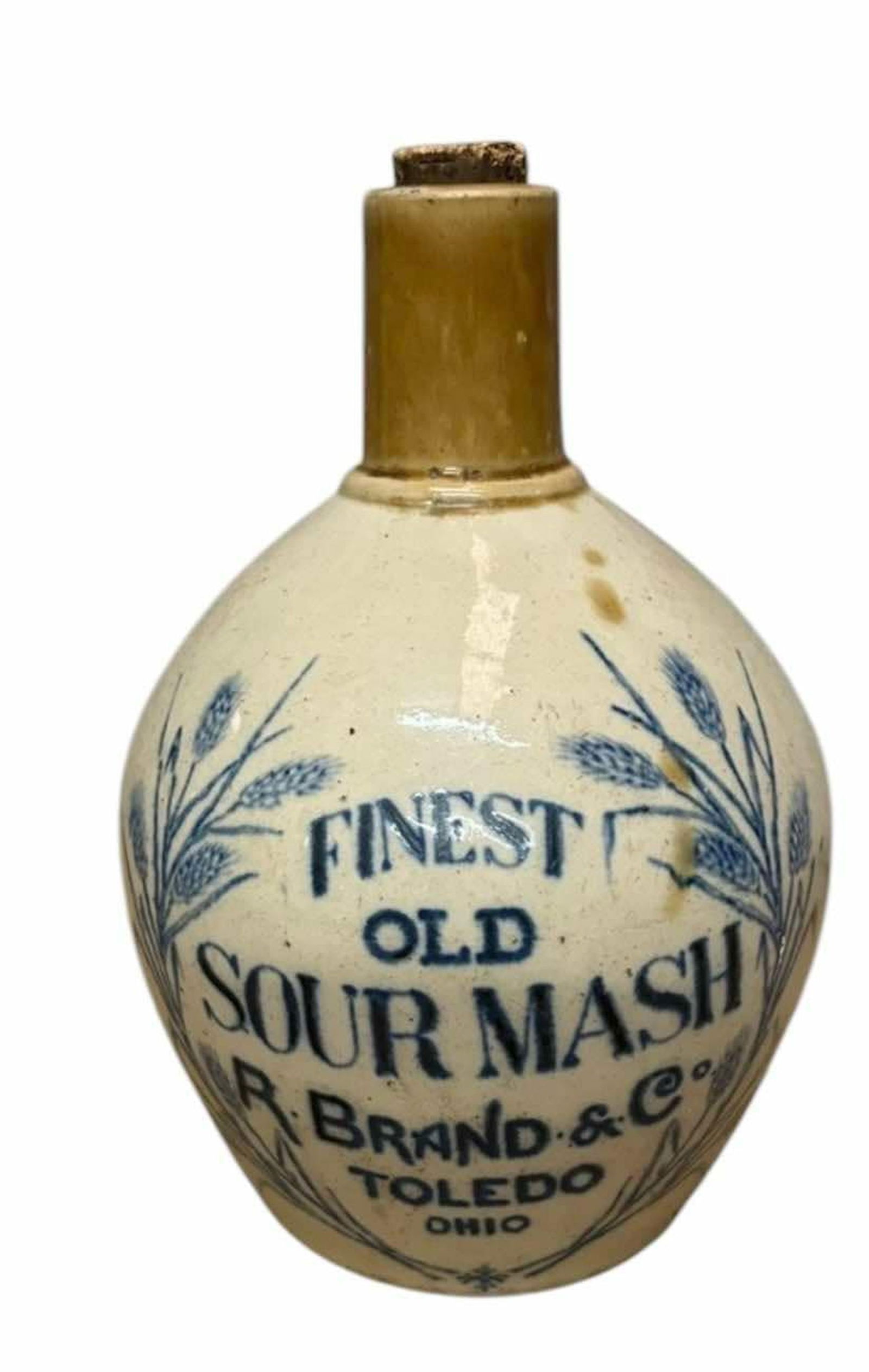 Early R Brand And Co. Toledo, Ohio Blue Decorated Stoneware Crock Whiskey Jug 5"X8" (1 of 4)