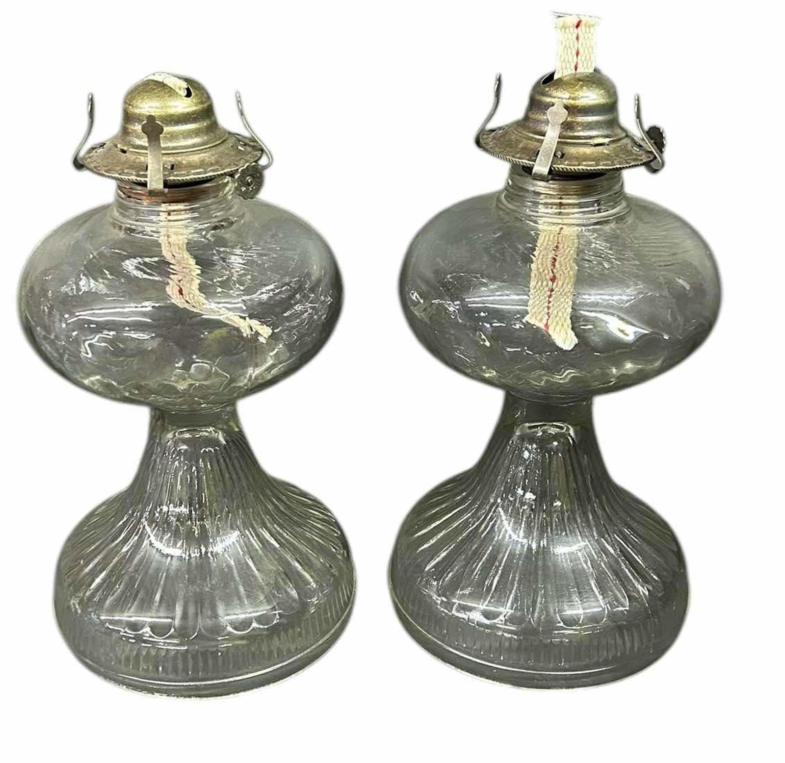 Pair Of Early Oil Or Kerosene Lamps With Fluted Bases 6"X12": Pair Of Early Oil Or Kerosene Lamps With Fluted Bases 6"X12"