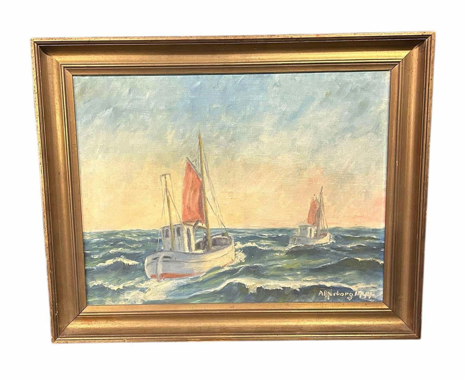 Early Oil On Canvas Of Fishing Boats In Gold Frame Artist Signed Dated 1947 23"X18" (1 of 3)