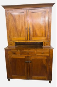 Early Walnut Dutch Style Two Piece Stepback Cupboard Possibly KY Or Ohio With Blind Door Base On