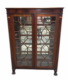Early Federal Style 36 Pane Mahogany Inlaid China Cabinet On Carved Paw Feet