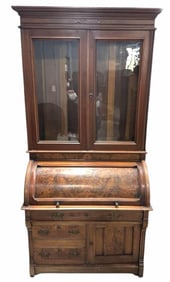 Victorian Walnut Cylinder Style Secretary Desk With Burreled Accents 23"X42"X86"