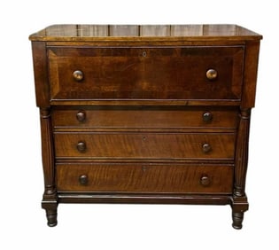 Early Cherry Butlers Desk With Fluted Column Front On Tall Turned Legs, Banded Top Drawer With Full
