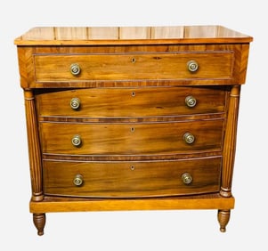 Early Cherry Chest With Full Column Front Straight Top Drawer Over Bowed Front Drawers On Turned