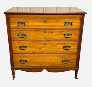 Early Cherry Federal Style Four Drawer Chest With Fluted Sides On Turned Leg With Cut Out Skirt