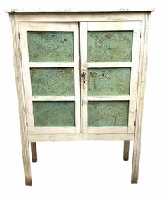 Early Painted Six Tin Pie Safe On Tall Legs With Old Chippy Green And White Paint 17"X42"X59"