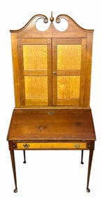 Early Cherry And Maple Two Piece Drop Front Secretary Desk On Tall Queen Anne Legs 28"X40"X90"