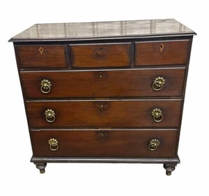 Early Three Over Three Drawer Chest On Turned Legs With Original Brass Hardware 22"X44"X43"