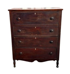 Four Drawer Federal Style Chest Has Inlaid Decoration On Tall Turned Legs And Cut Out Skirt