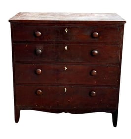 Early Four Drawer Federal Chest; Has Graduated Drawers With Inlaid Key Holes On Tall French Style
