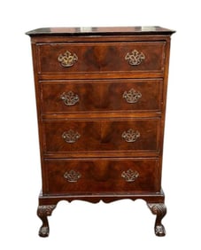 Early Chippendale Style Lingerie Chest With Burrled Front Drawers,  Brass Batwing Hardware On Tall