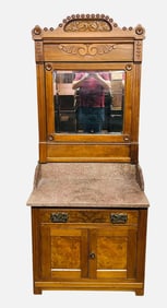 Victorian Walnut Washstand With Marble Top And Carved Mirror 19"X31"X78"
