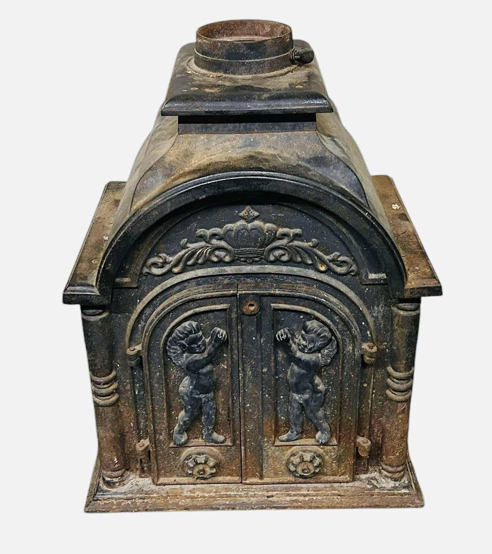 Early Cast Iron Gothic Style Parlor Stove With Ornate Doors Depicting Cherubs And A Crown (1 of 4)
