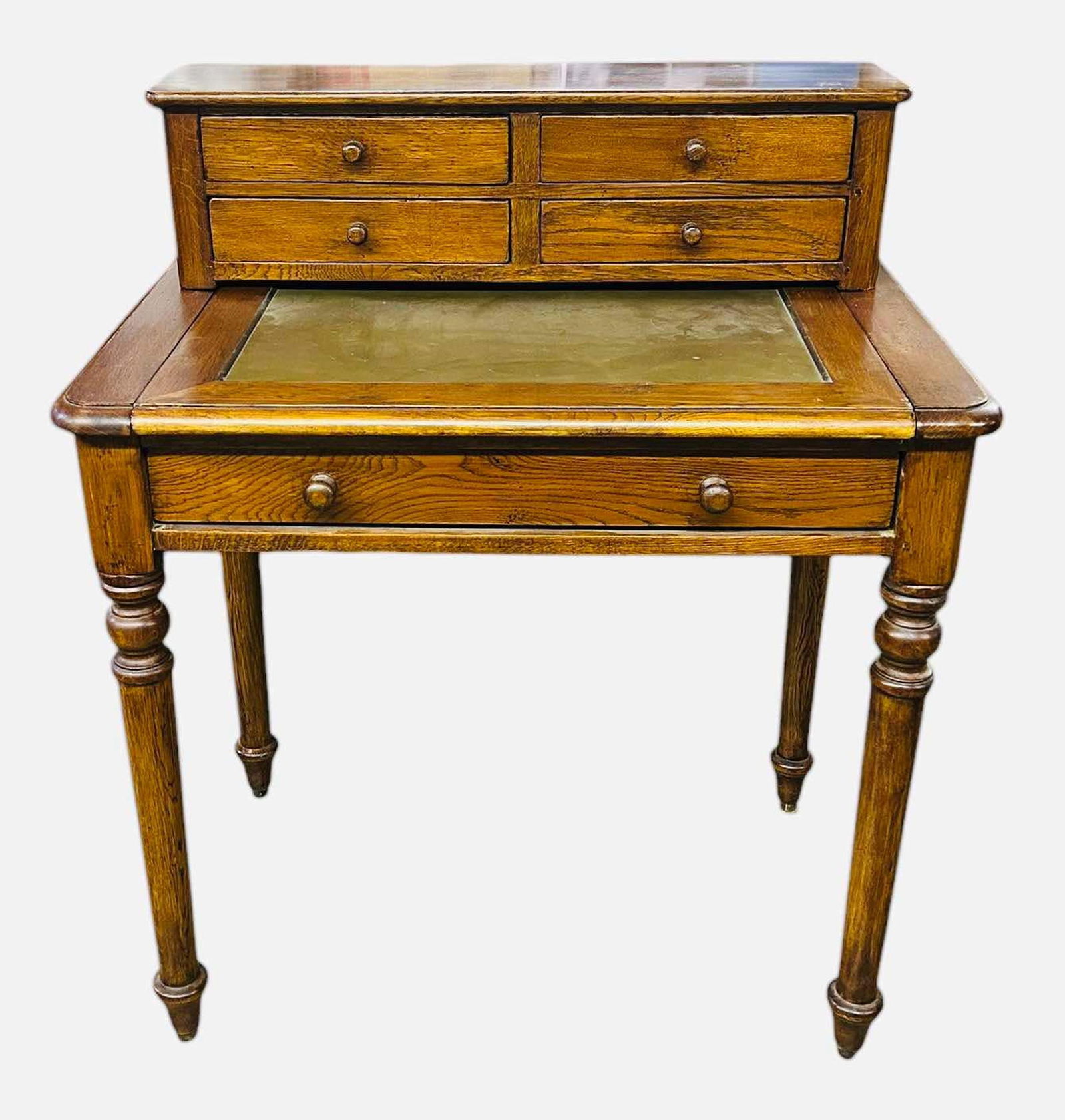 Early Walnut Sheraton Style Writing Desk On Tall Turned Legs And Leather Top 20"X32"X37" (1 of 3)