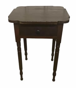 Early Cherry One Drawer Work Table With Unusual Cut Out Biscuit Corners On Tall Turned Legs