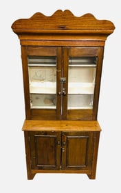 Early Rare Walnut Child's Size Stepback Cupboard With Glass Doors On Top And Blind Doors In Base