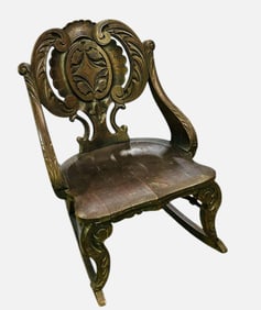 Carved Oak Plank Seat Rocker Has Broken Piece On Front Leg 23"X30"X30"