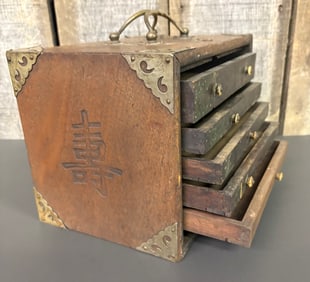 Antique Chinese Mahjong Set C. 1920's with Brass Trim Decoration And 5 Drawers - As Pictured,