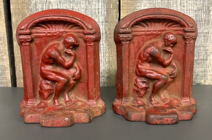 Pair Of Early Cast Iron Bookends Depicting The Thinker - Sculpture By Auguste Rodin; Measuring