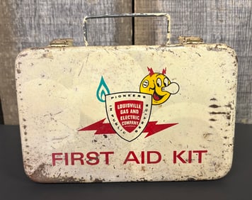 Vintage Local Metal Louisville Gas And Electric Company First Aid Kit With Contents 5"X8"X3"
