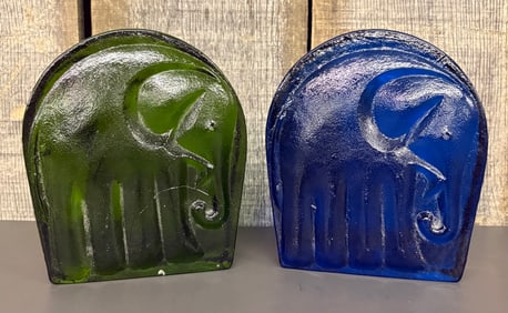 Pair Of Blenko Glass Elephant Bookends In Green And Blue Measuring 5.5"X6.5"