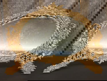 Ornate Cherub Figural Gilded Gold Cast Iron Beveled Tabletop Mirror 16"X13"