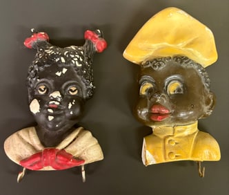 Pair Of Black Americana Chalkware Kitchen Plaques With Hooks; As Pictured With Damage Measuring