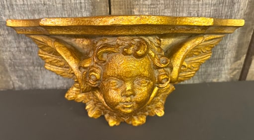 Gold Decorated Cherub Figural Wall Sconce Shelf 5"X11"X6"