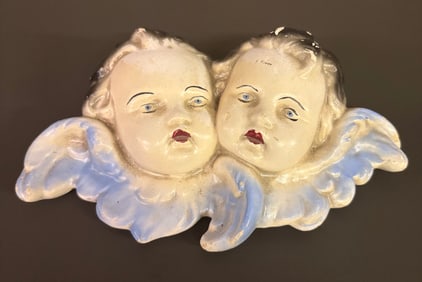 Early Hand Painted Chalkware Figural Cherub Wall Plaque Decoration 4"X7"