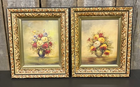 Pair Of Early Eastlake Style Decorated Triple Wooden Frames With Flower Depictions 12"X15"X2"