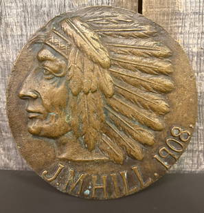 J.M Hill 1908 Large Bronze Commemorating Indian Head 5$ Gold Coin (Production Dates 1908-1929) 6": J.M Hill 1908 Large Bronze Commemorating Indian Head 5$ Gold Coin (Production Dates 1908-1929) 6"