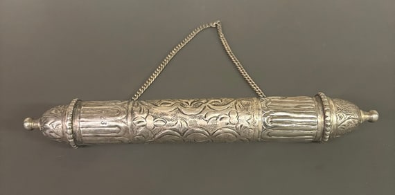 19th Century Large Antique Tibetan Prayer Silver Scroll Holder With Chain 12"