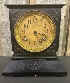 Antique Ansonia Cast Iron Mantel Clock With Black Finish And Engraved Gold Accents (New York,
