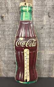 Vintage 1950's Coca-Cola Bottle Embossed Tin Litho Advertising Sign Thermometer; As Pictured. 5"X16"