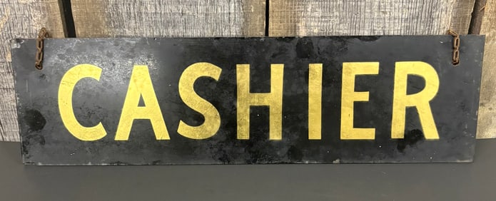 Early Hanging Cashier Sign Black With Gold Lettering 20th Century With Chain 5"X18"