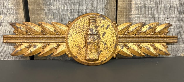1930's Embossed Art-Deco Tin Coca-Cola Advertising Bottle Sign Gold Laurel Wreath Design 15"X5"