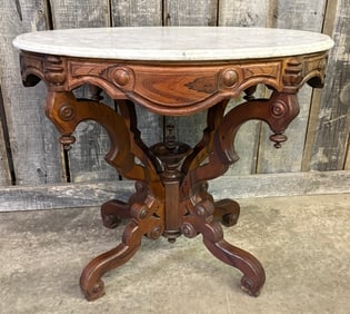 Antique Victorian Eastlake Carved Walnut And Beveled Marble Side Table Circa 1880 25"X33"X29"