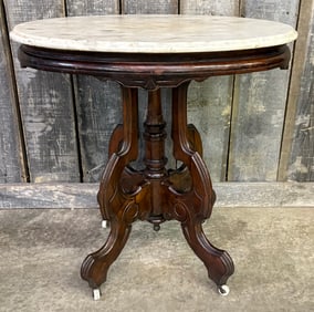 Antique Victorian Carved Walnut And Beveled Marble Lamp Table Circa 1880 21.5"X29.5"X30"