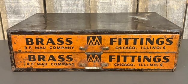 Vintage Tin Storage Cabinet Drawer Display For R.F. Mau Company Brass Fittings; Two Drawers With