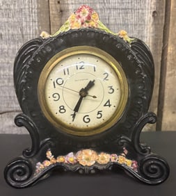 Ansonia-Style Floral Decorated Vintage Clock 3"X6"X9"