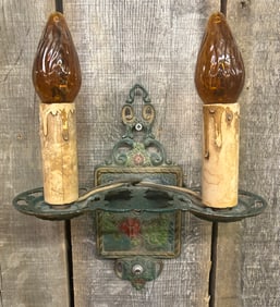 Early Double Candle Wired Metal Wall Sconce With Colorful Red Cottage Decoration Measuring 5"X9"X13"