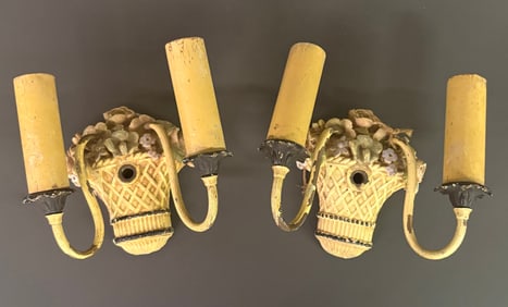 Pair Of Early Double Candle Wired Metal Wall Sconce With Woven Flower Basket Decoration 5"X7"X8"