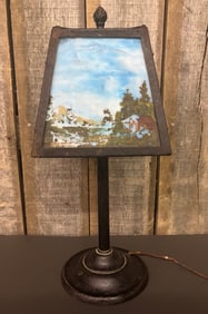 Early Antique Stained Glass Reverse Hand Painted Lamp With Cast Iron Base 10"X10"X22"