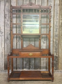 Antique Victorian Hall Stand - One Drawer Hall Tree With Mirror And Brass Hangers 16"X48"X86"