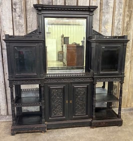 Victorian Aesthetic Ebonized Pierced Carved Beveled Mirrored Back Etagere C. 1880 Measuring