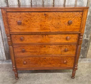 Early Sheraton Style Cherry 4 Drawer Chest With Rope Carved Front Columns On Turned Legs 19"X43"X48"