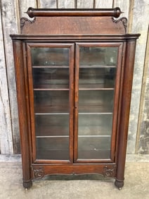 Antique Oak Two Door Bookcase Glass Cabinet With Carved Front And Carved Crest 15"X44"X72"