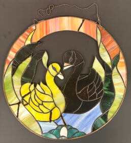 Antique Leaded Glass Stain Glass Colorful Hanging Glass Window With Black - Yellow Swan Decoration