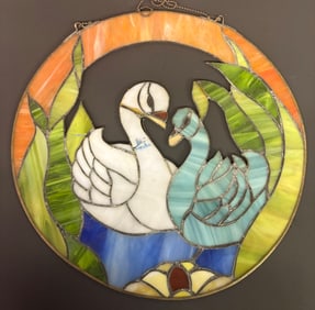 Antique Leaded Glass Stain Glass Colorful Hanging Glass Window With White - Blue Swan Decoration